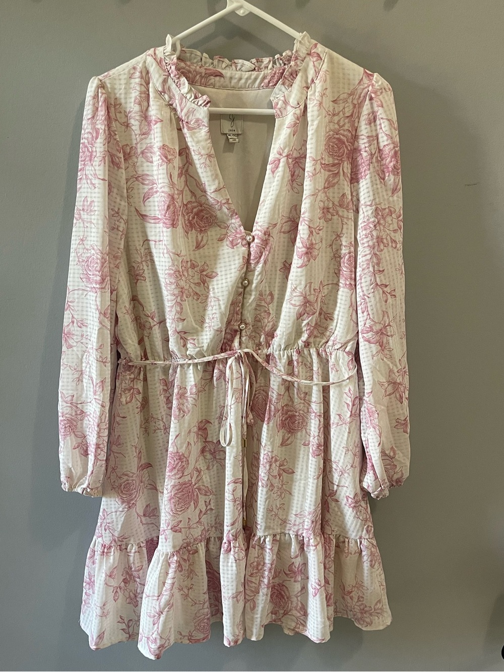 Joie White Pink Floral Toile Long Sleeve Mini Dress XL Cottagecore Feminine